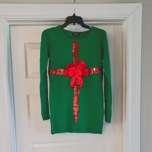Christmas Sweater - Green Sweater with Red Bow and Sequin Design